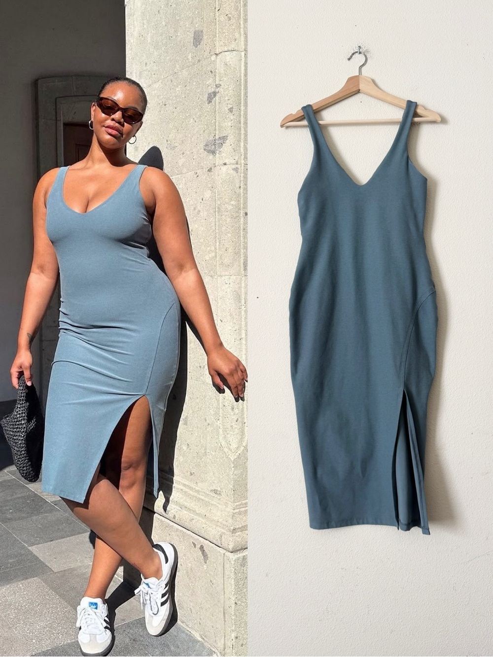 Beyond Yoga SMALL Spacedye Inspire slit hem midi dress in blue